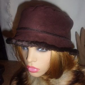 Brown Faux Suede and Fur Trim Bucket Hat
